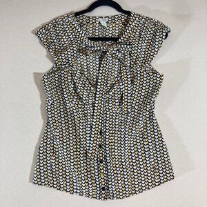 Odille Blouse 10 Blk/Yl Heart Print Silk Babydoll Office Career Professional Top